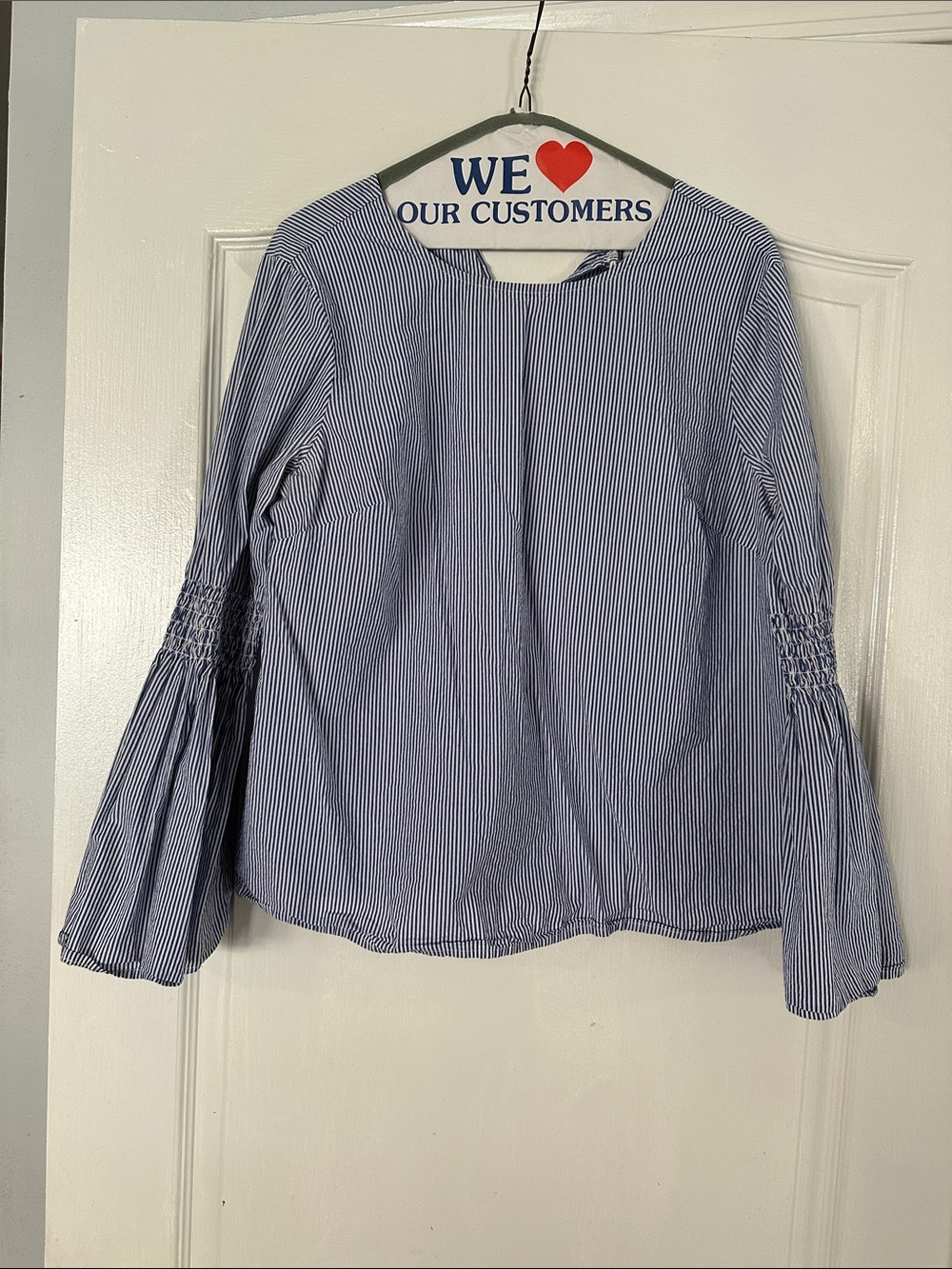beachlunchlounge Blue and White Striped Bell-Sleeve Blouse